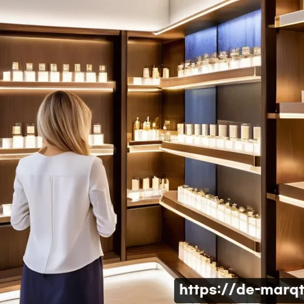 향기 마케팅과 소비자 심리학 - A modern upscale perfume boutique interior in Germany, softly lit with elegant wooden shelves displa...