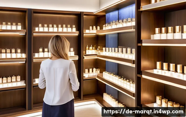 향기 마케팅과 소비자 심리학 - A modern upscale perfume boutique interior in Germany, softly lit with elegant wooden shelves displa...