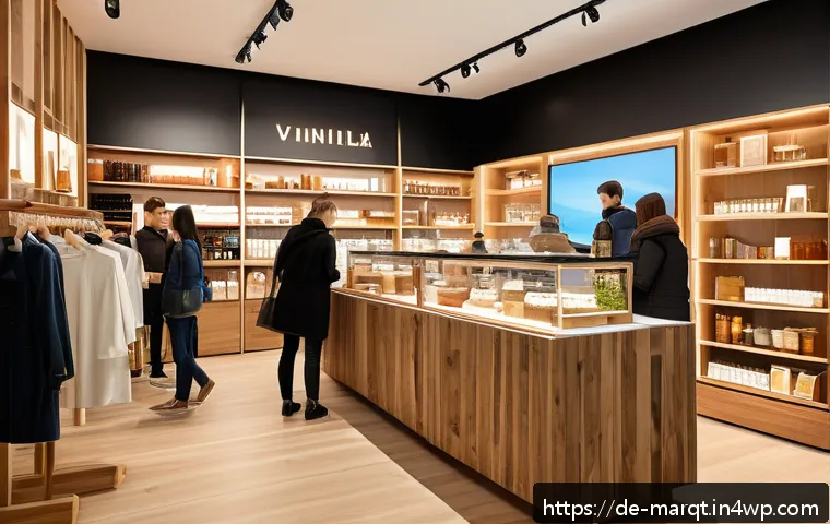 향기 마케팅과 브랜드 충성도 향상 방법 - A modern retail store interior with subtle scent diffusion technology visible, customers browsing pe...