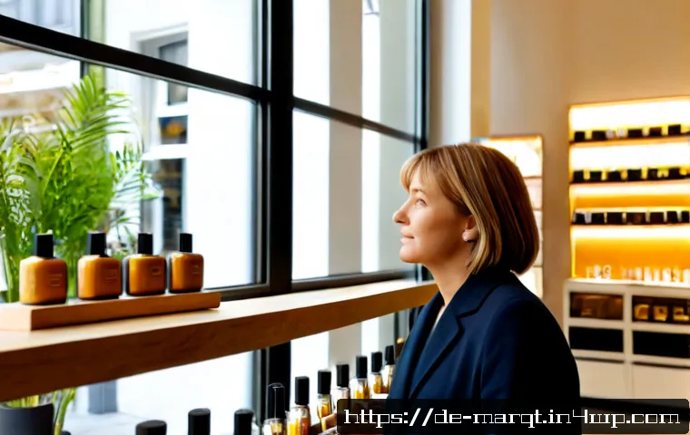 향기 마케팅의 글로벌 동향 - Photorealistic upscale German concept store in Berlin, a middle-aged shopper gently smelling a small...